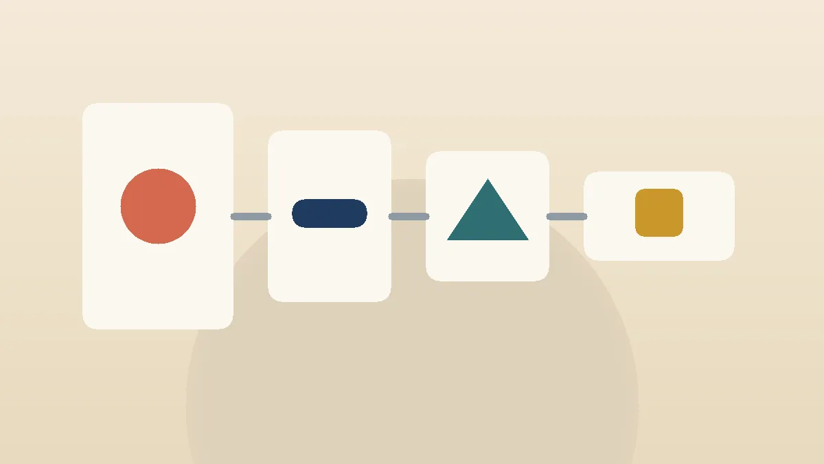 Four abstract cards move through a narrowing frame, with one coral circle, one compact navy bar, one raised teal diamond, and one ochre center block