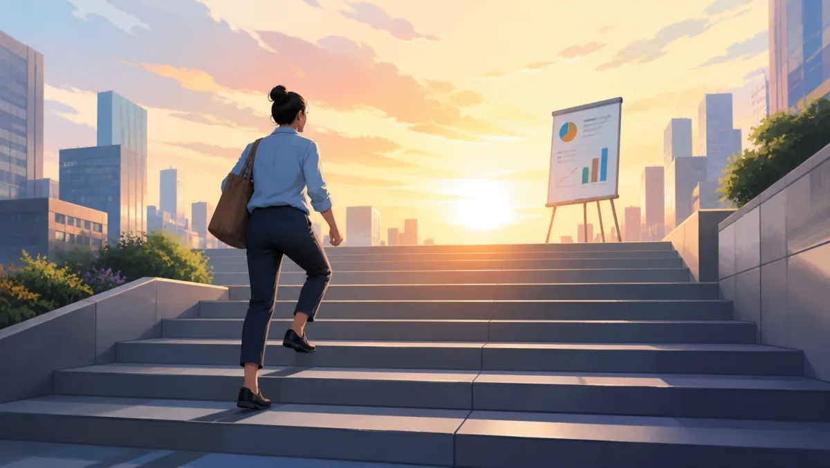 A determined professional climbing broad city steps toward a presentation at sunrise