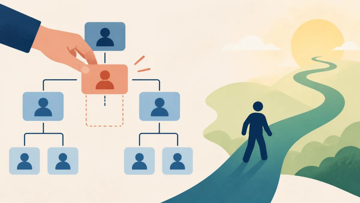 A role block removed from an organization chart while a person continues on another path