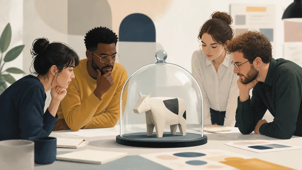 A team thoughtfully examining a cow-shaped idea object protected beneath a glass dome