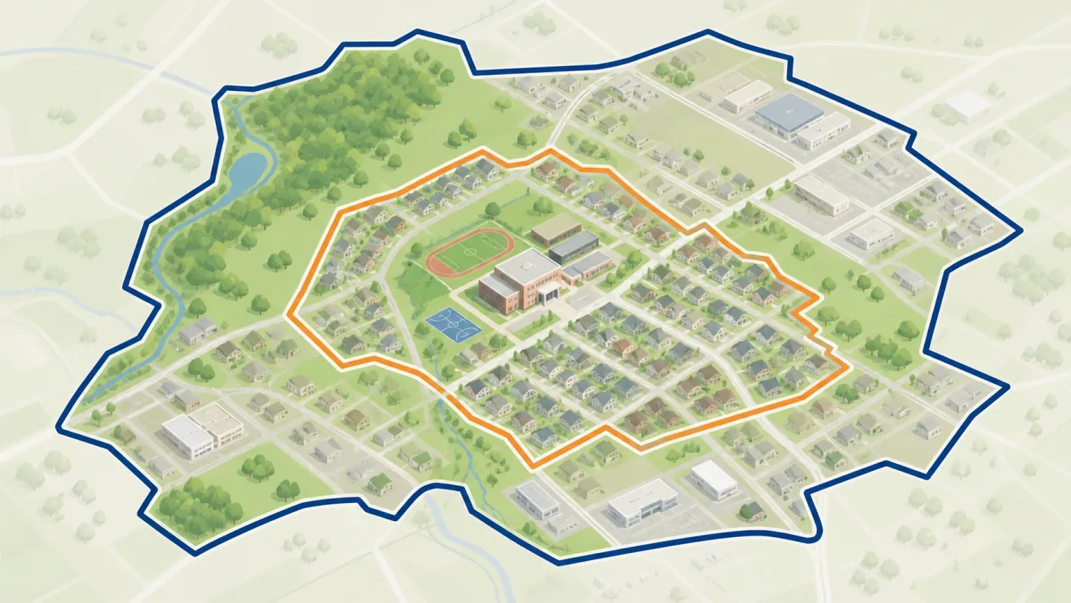 A neighborhood school map with separate outer district and inner attendance boundaries