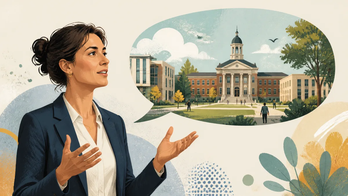 A professional using a broad school speech bubble to refer to a university campus