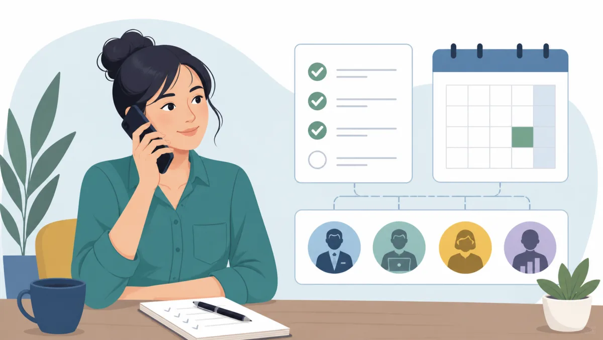 A candidate on a brief phone call beside checklist, calendar, and hiring-role icons