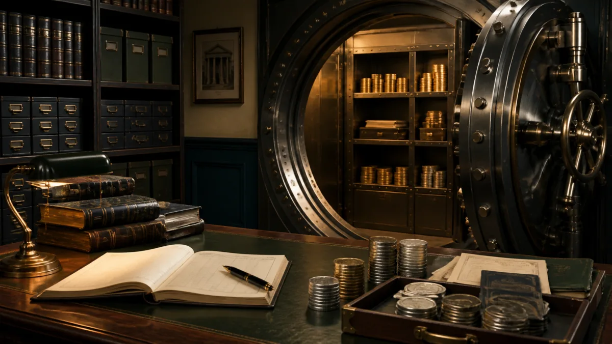 An old-fashioned bank records room with an open vault, ledgers, and neatly stacked generic coins