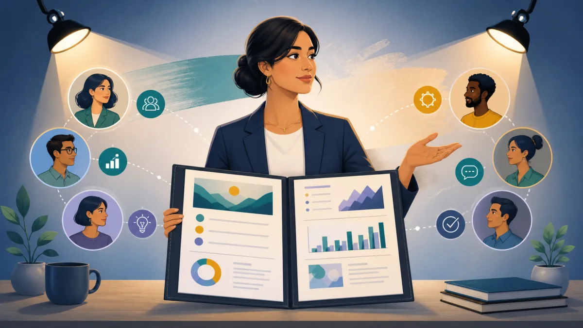 A professional presents a portfolio of contributions while connected teammates and shared results remain visible