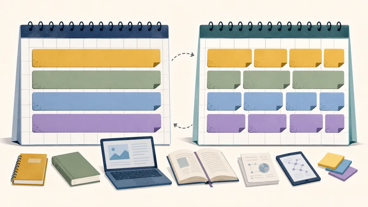 Two academic calendars compare longer semester blocks with shorter quarter blocks