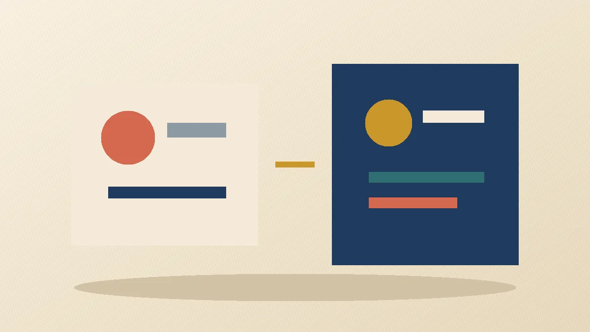 Two rounded document panels with colored circles and bars, connected by a short gold line