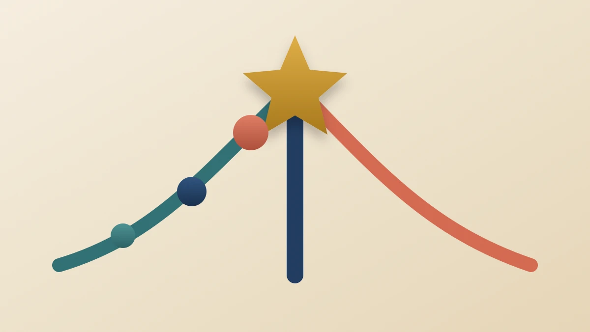 Three colored paths converge on one fixed star while a sequence of markers traces a rising path toward a turning point