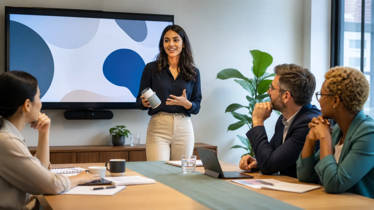 A founder presenting a generic prototype to three reviewers in a neutral conference room