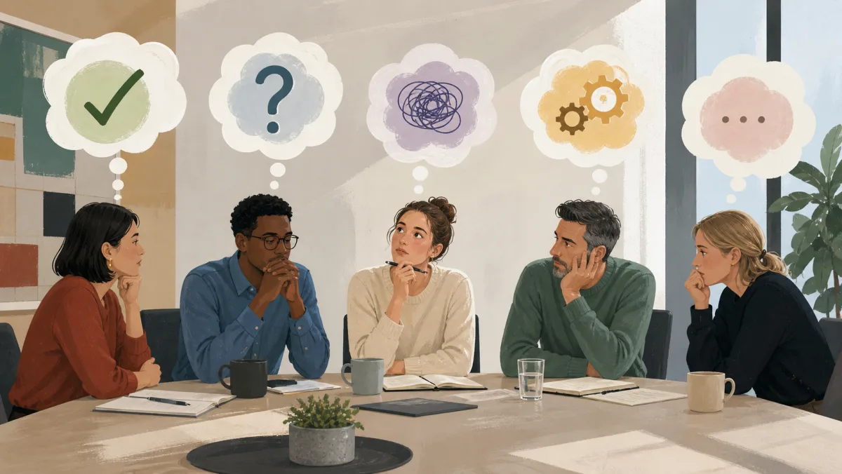 Coworkers sit quietly in a meeting while thought bubbles show different possible reactions