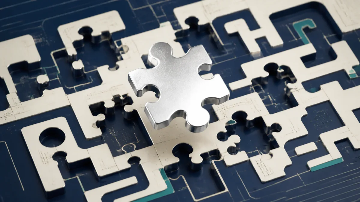 A single silver puzzle piece hovering above a complex puzzle with many different gaps
