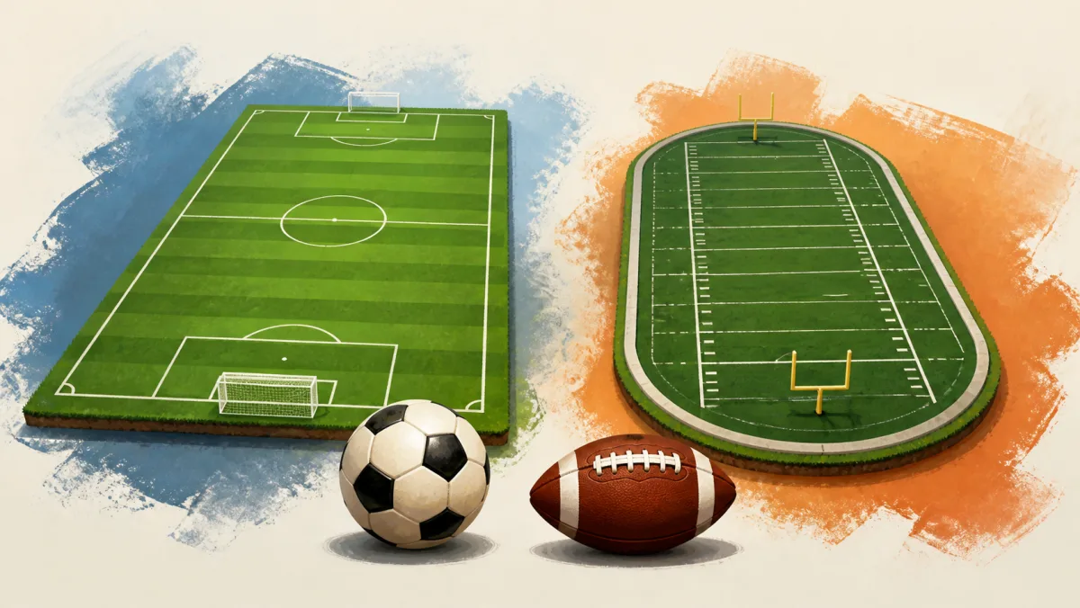 A soccer field and an American football field appear beside their different balls