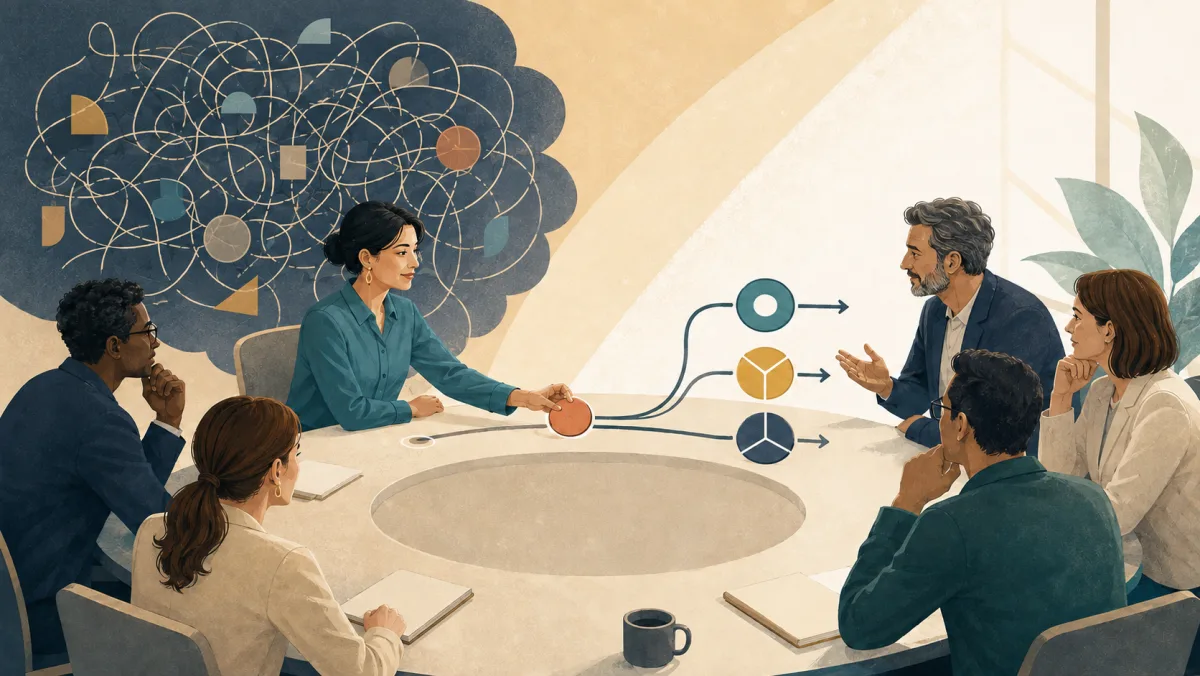 A professional places one clear contribution into a moving discussion while an unused tangle of overthinking stays behind.