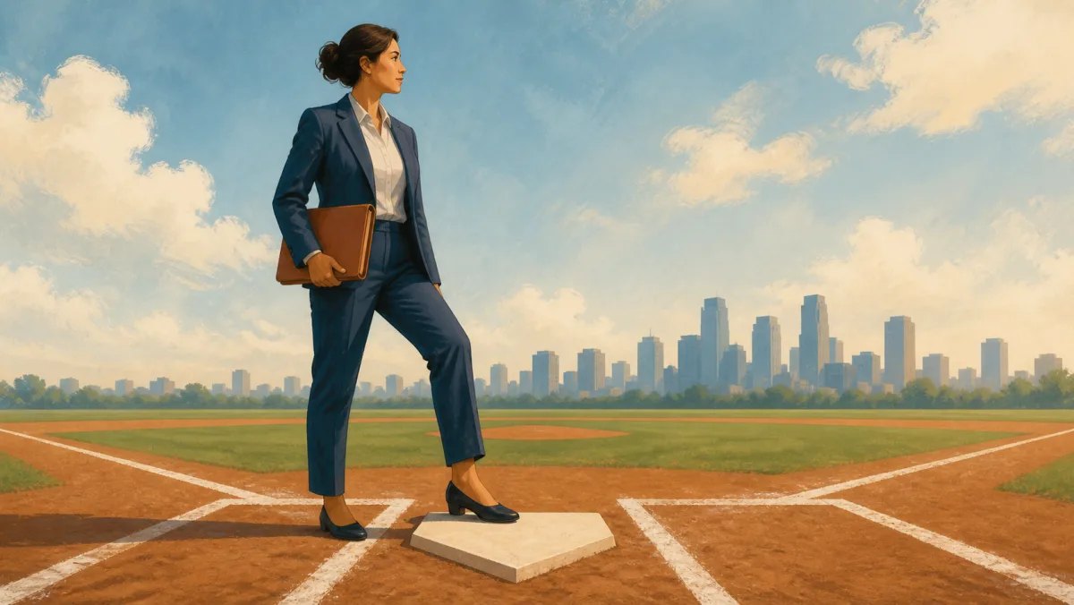 A professional carrying a portfolio steps onto a generic baseball home plate