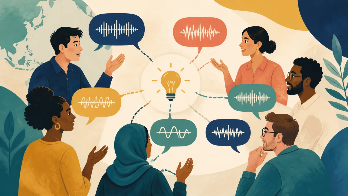 International professionals with different voice patterns connecting around one shared idea