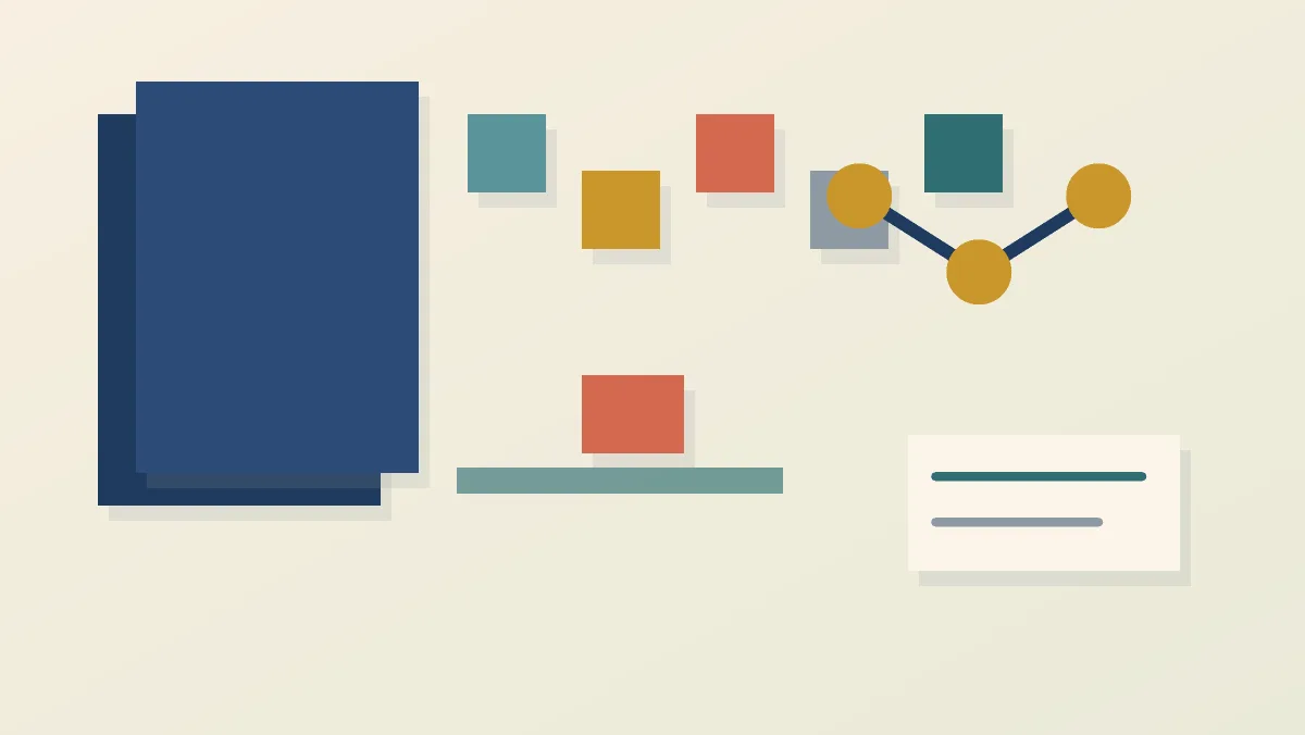 A cluster of layered cards opens into visible pieces, a hidden constraint rises above a line, and linked nodes form a clear path toward a meeting table