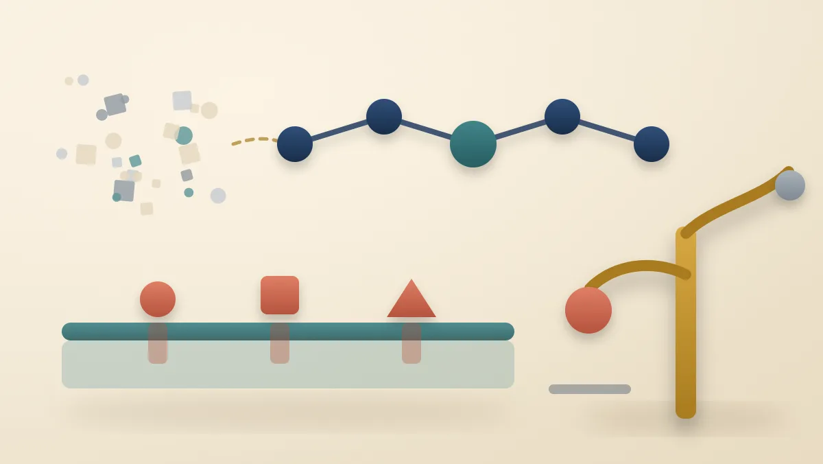 A scattered cluster of shapes on the left resolves into an ordered chain of connected nodes, three small shapes rise above a horizontal line, and one reachable fruit hangs low on a branch