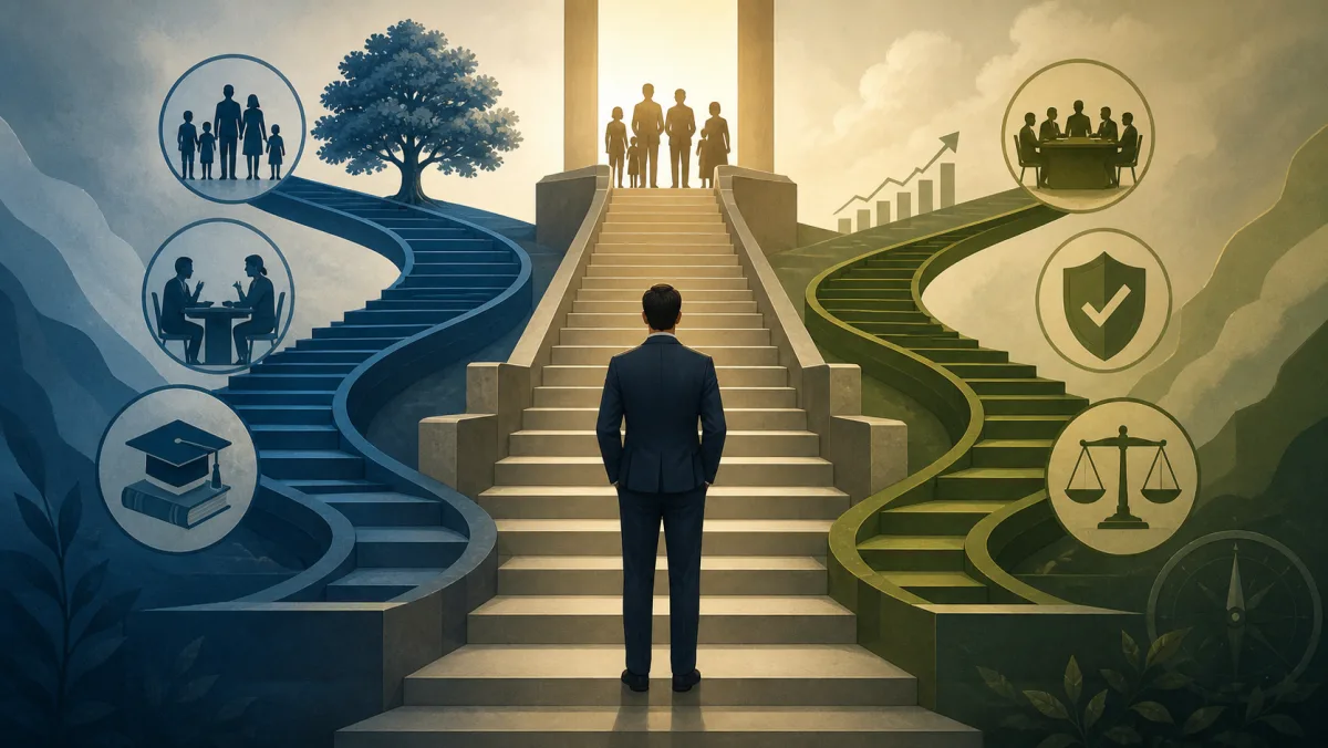 A professional faces several leadership paths and stairways toward an executive team