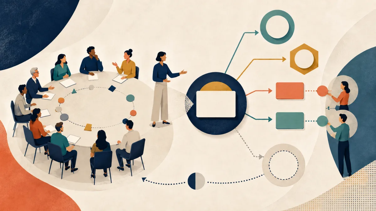 A facilitator condenses a meeting into a takeaway, approved decision, owned actions, an open item, and a correction loop.