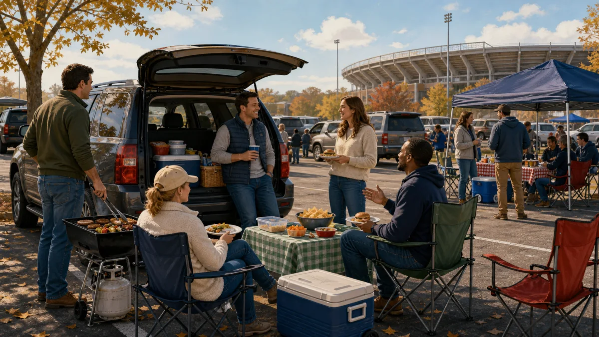 Adults sharing food beside an open vehicle tailgate in a parking lot outside a generic stadium