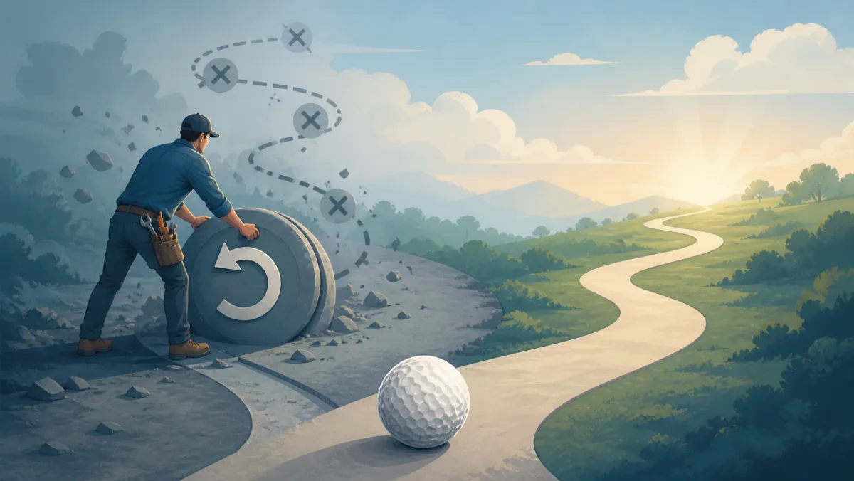 A golf ball and reset symbol lead from failed attempts toward a fresh path