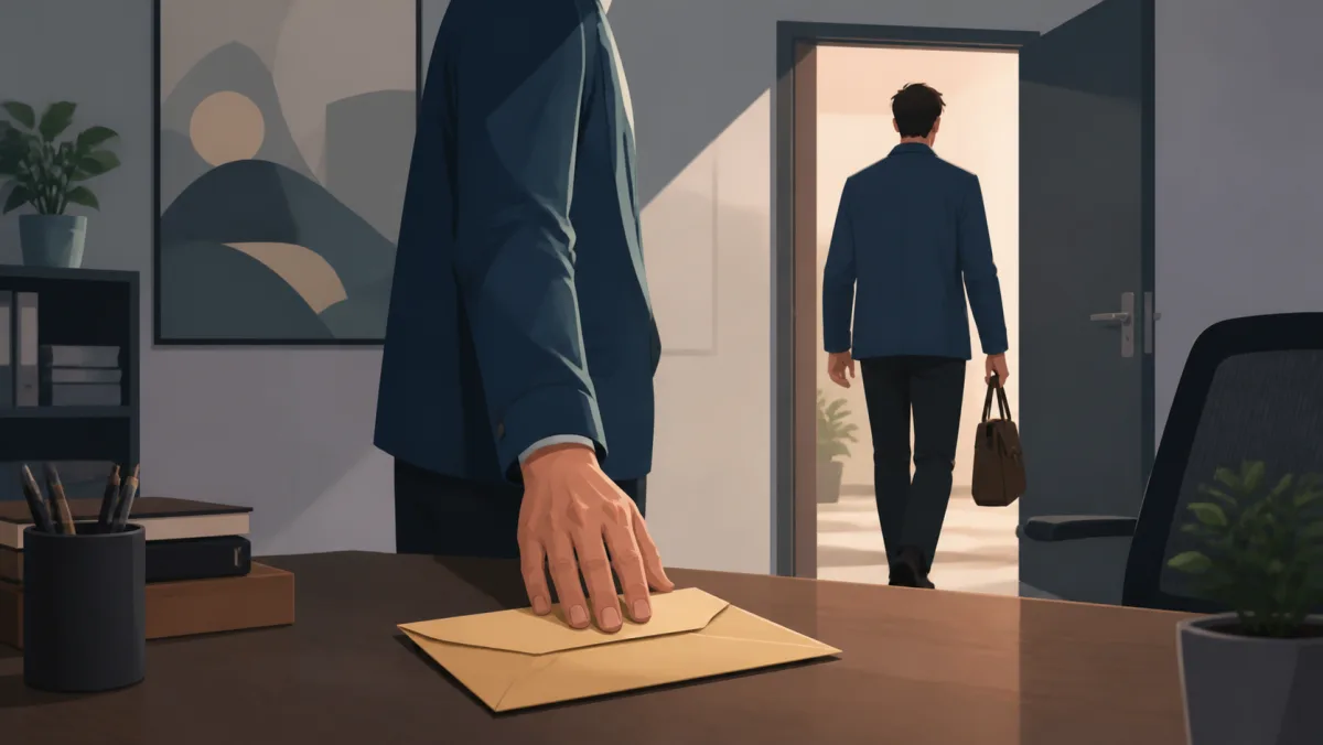 A worker leaves an office after placing a resignation envelope on a desk