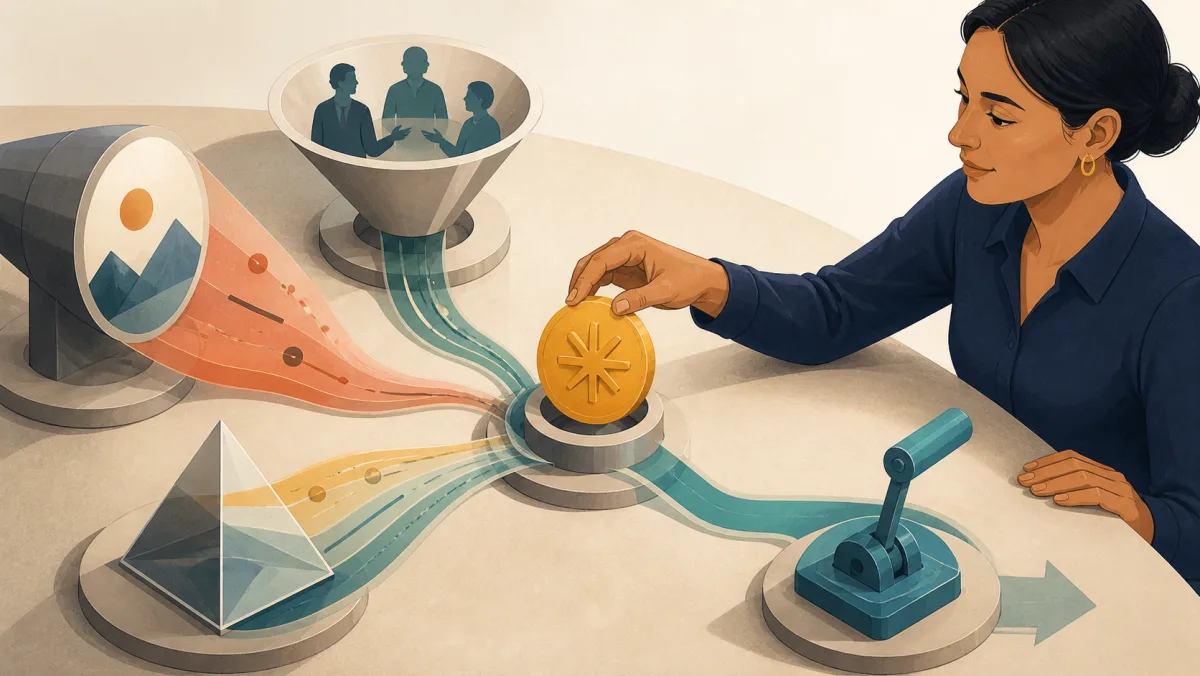 Several workplace signals converge on one retained ochre token, with a separate teal action lever waiting downstream.