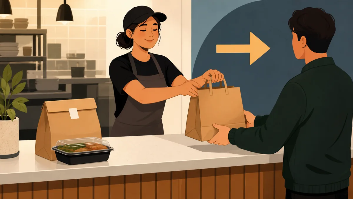 A restaurant worker hands an unbranded takeout bag to a customer
