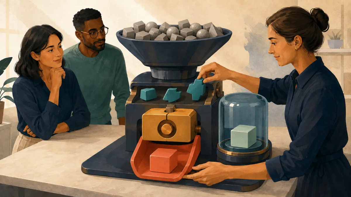 A sorting machine selects a few fitted evidence pieces from many activities and produces one action module beside a separate possible benefit.