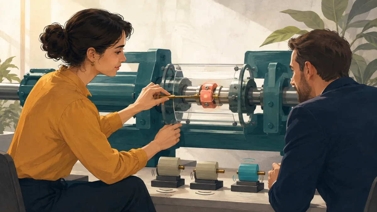 A candidate adjusts one misaligned joint inside a strong machine while an interviewer compares earlier and improved test pieces.