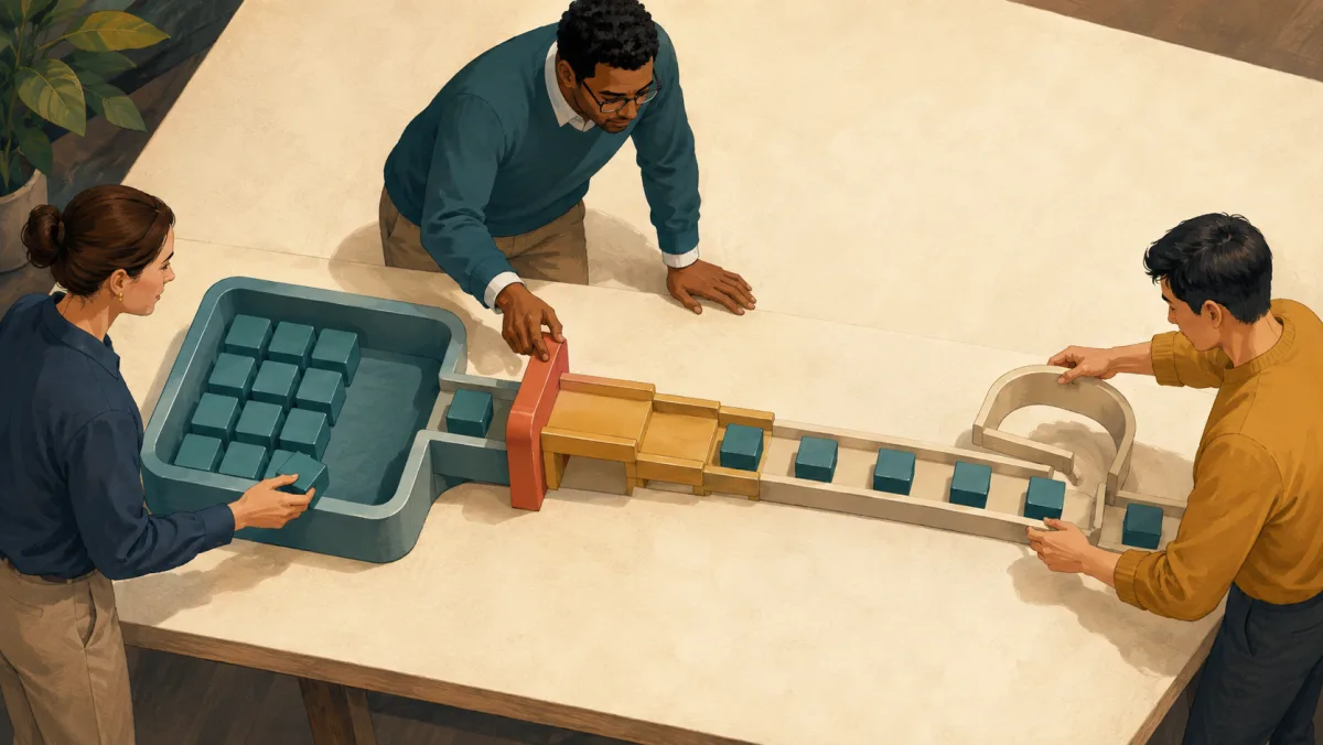 Three professionals manage project modules through a finite basin, narrow gate, short flexible section, and simplified path.