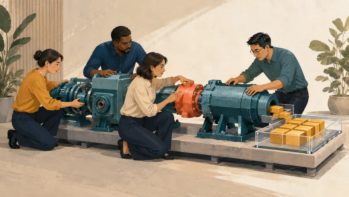 One professional identifies the handoff coupling she owned while four teammates support the shared machine and its consistent output.