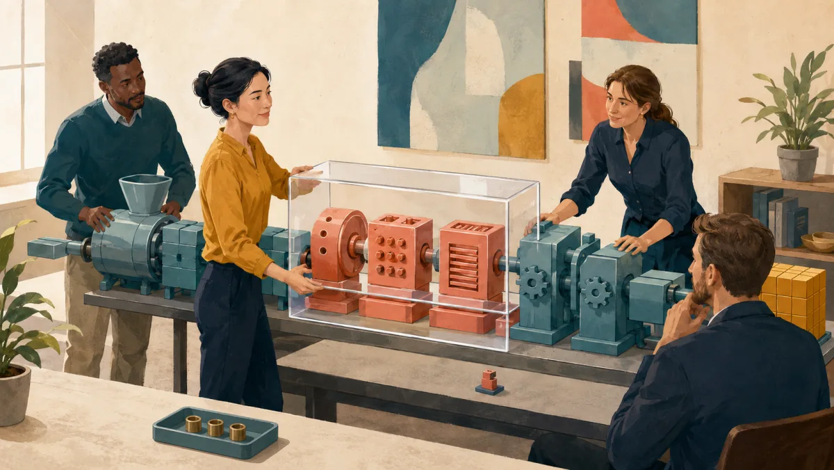 A professional fits a transparent scope frame around the three project stages she owned while teammates operate the wider machine.