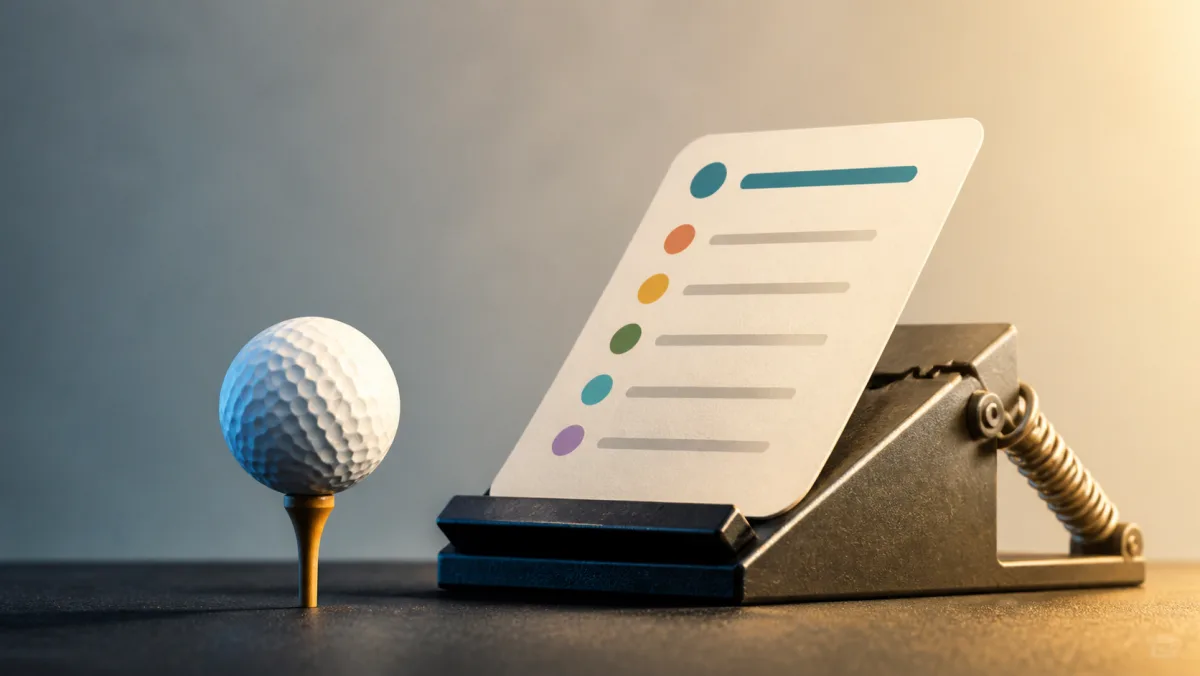 A golf ball on a tee sits beside a blank meeting agenda card