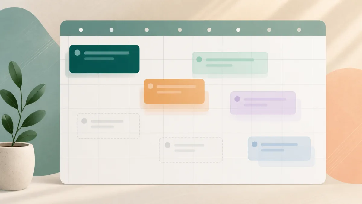 A calendar displays layered translucent events representing tentative holds