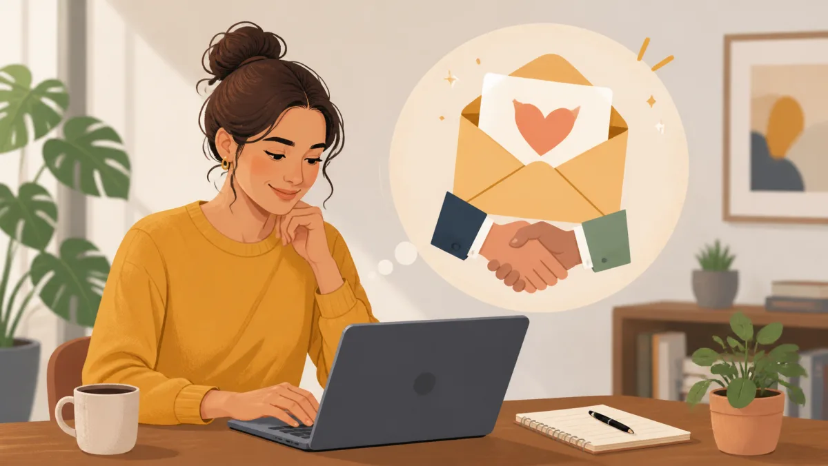 A professional writes a follow-up message with symbols of thanks and a handshake