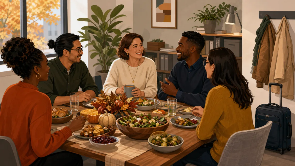 Coworkers sharing an inclusive autumn office lunch with a travel bag nearby