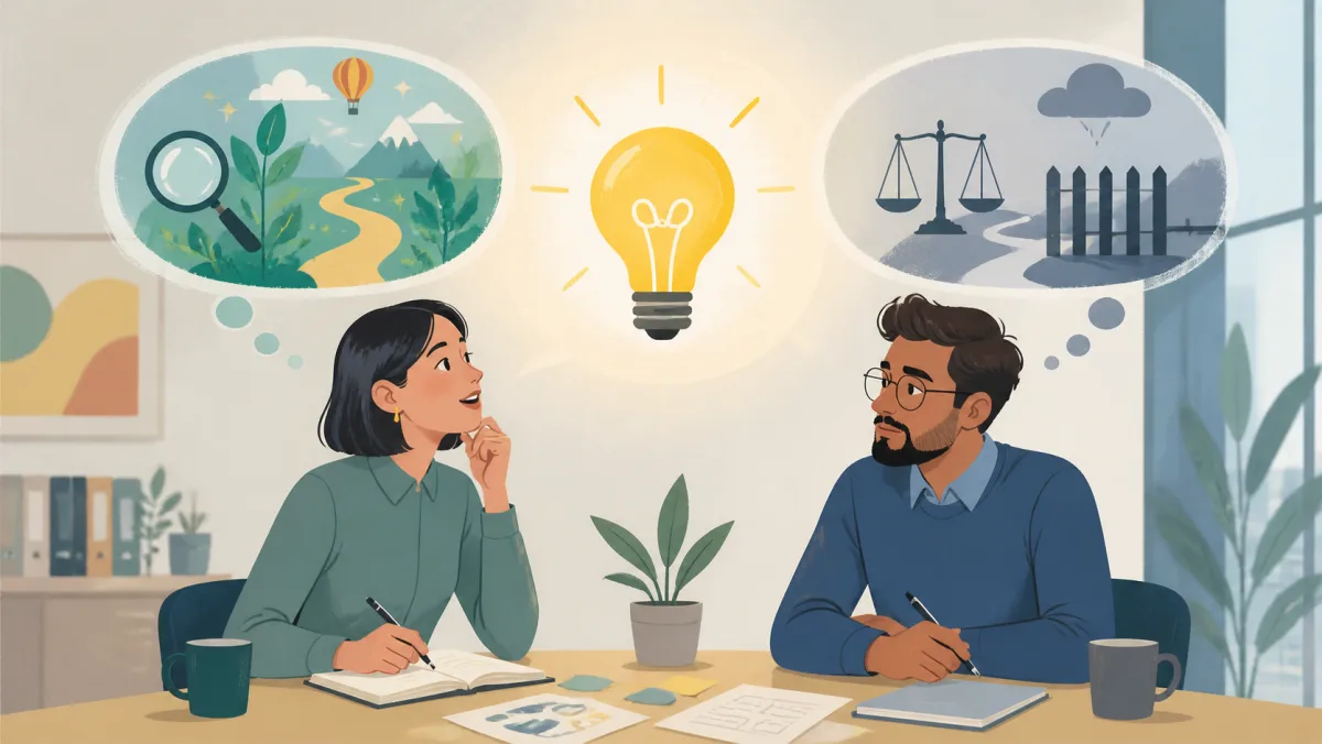 Two coworkers interpret an idea through curiosity and polite reservation
