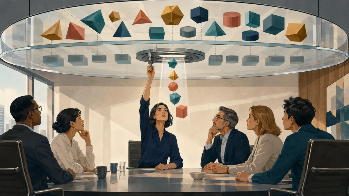 A professional opens an aperture in a transparent ceiling so varied geometric ideas reach a conference table intact.