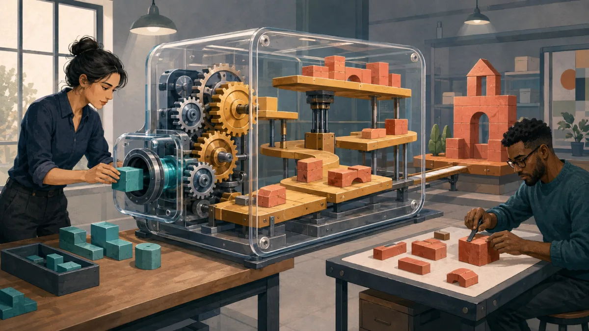 A specific resource module powers a multiplier gearbox while a colleague uses an ordinary tool directly on one piece.