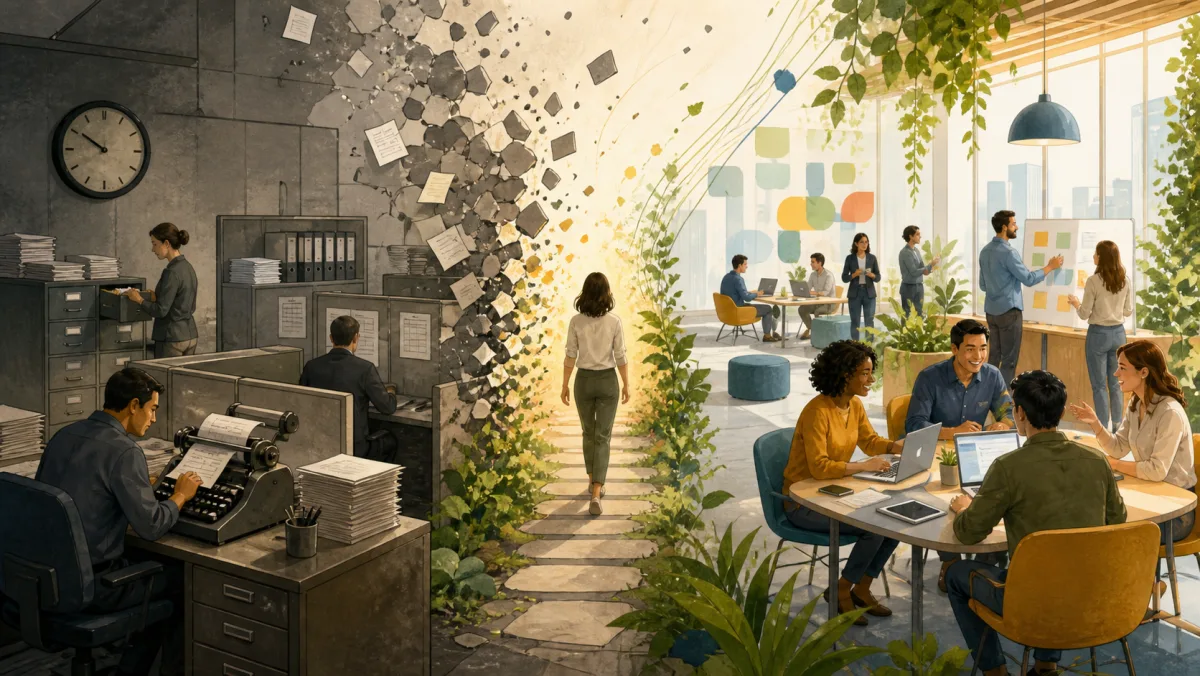 An outdated office transforms into a bright modern collaborative workplace