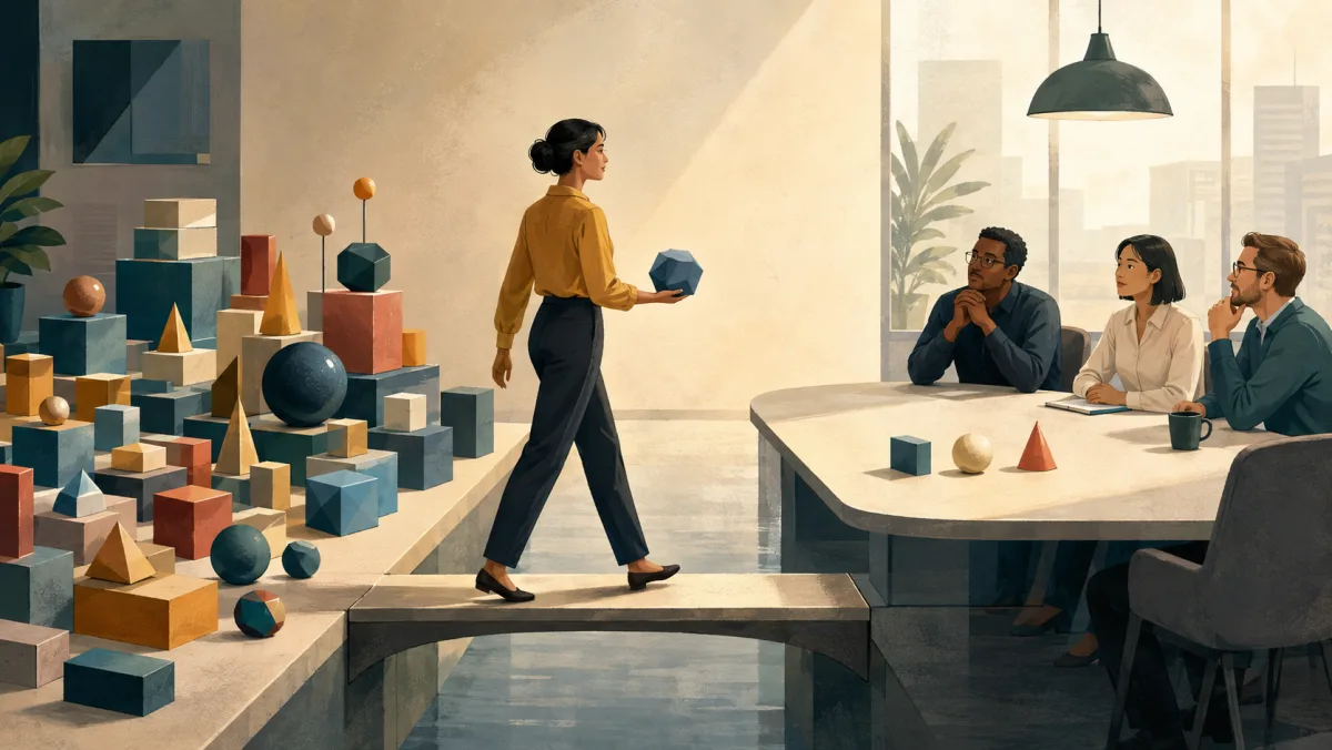 A professional carries one precise shape across a bridge from a rich structure into a meeting