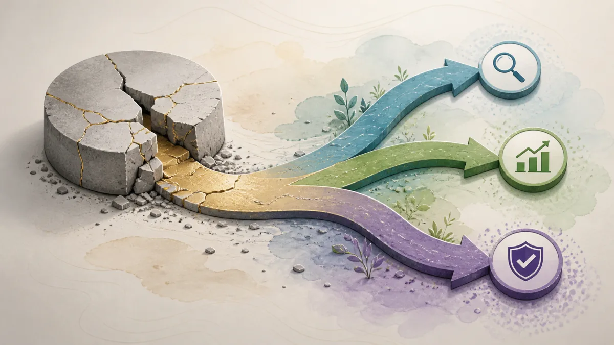 A cracked project branches into paths for investigation, improvement, and protection