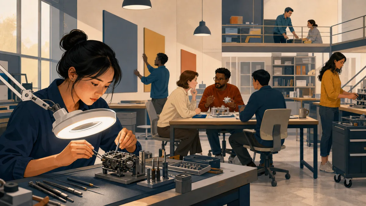 A specialist performs precision work while a broader studio team develops a shared system