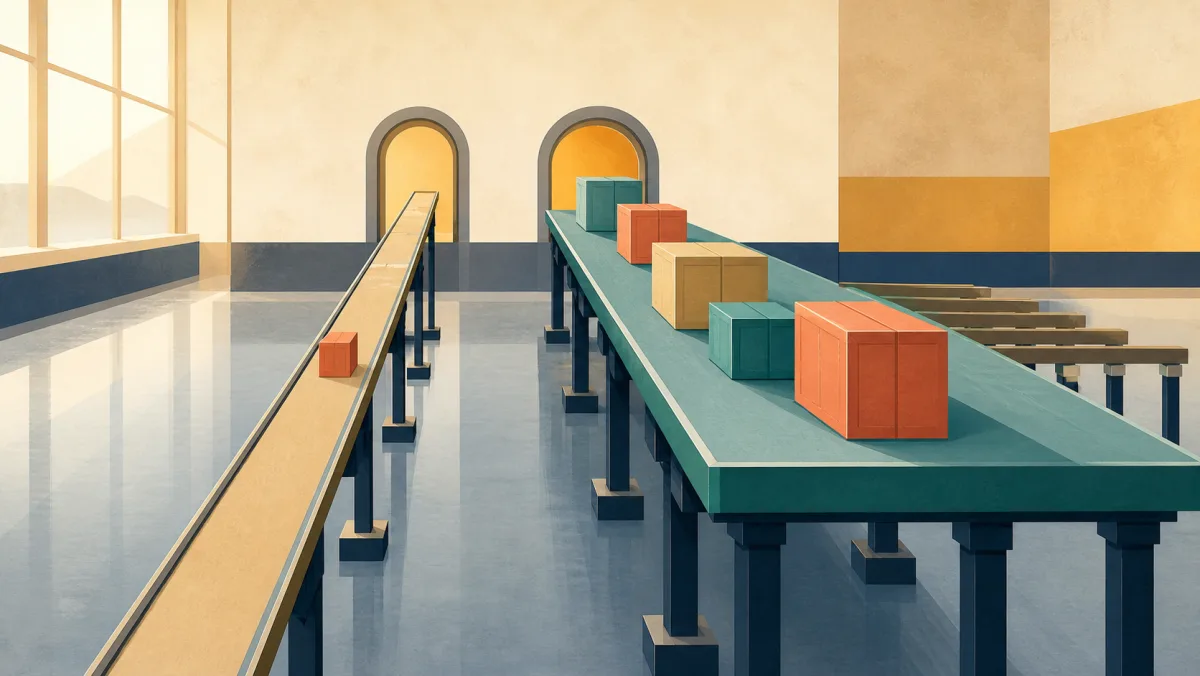 A narrow platform carries one load beside a broad supported platform with room to expand