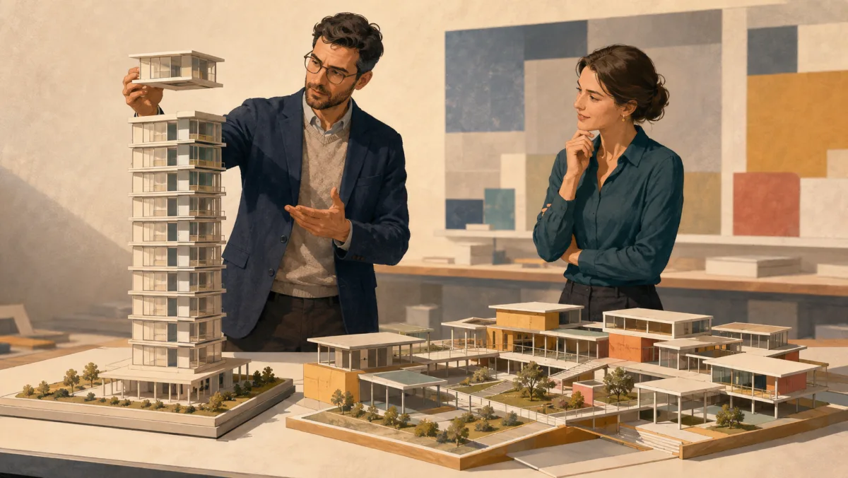 Two professionals compare a growing tower model with a balanced interconnected campus