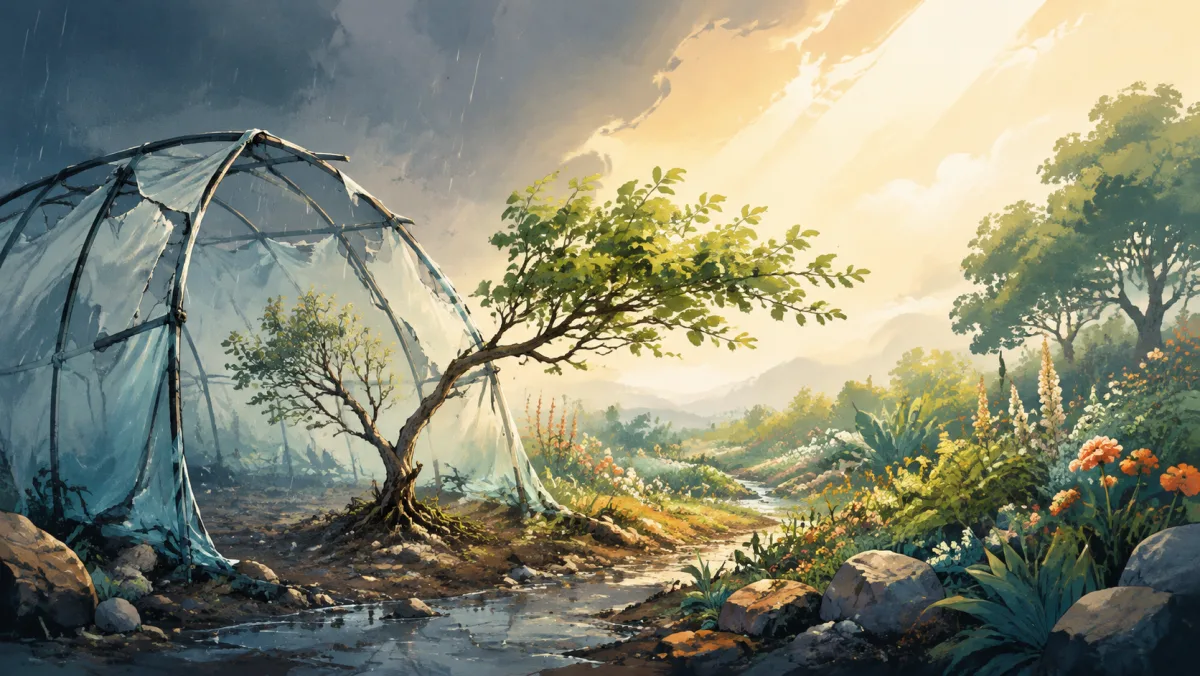 A resilient tree grows from a storm-damaged shelter toward a flourishing sunlit garden