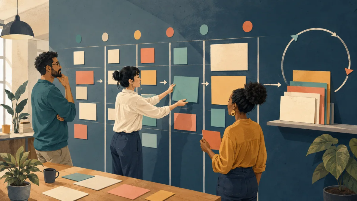 A software team moves blank work cards across a delivery board toward completion