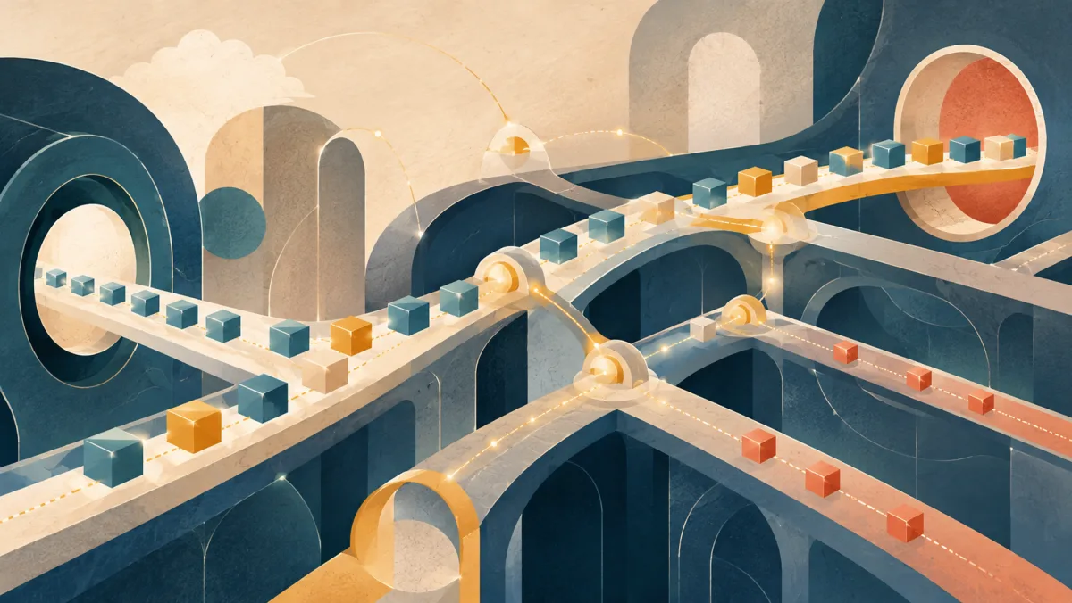 Geometric data packets travel through layered network paths and connected nodes