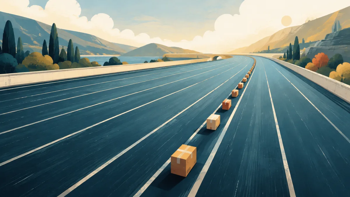A modest stream of parcels travels along one lane of a broad open transport channel